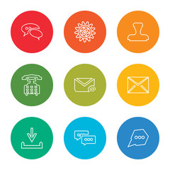 outline stroke chat, chat, inbox, mail, mail, phone call, stamp, stamp, chat, vector line icons set on rounded colorful shapes