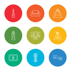 outline stroke exhibition, sarcophagus, postcards, diamond, painting, helmet, photographic, sofa, exhibition, vector line icons set on rounded colorful shapes