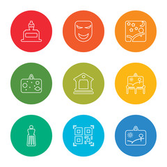 outline stroke canvas, qr code, sculpture, exhibition, museum, picture, picture, mask, sculpture, vector line icons set on rounded colorful shapes