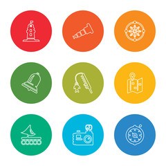 outline stroke compass inclined, water resist camera, wood raft, folded map with placeholder, fishing rod, big bell, star inside circle, boat telescope, long lighthouse, vector line icons set on