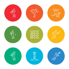 outline stroke ball games, winner, golf, fencing, lanes, baseball, finish, gymnast, javelin throw, vector line icons set on rounded colorful shapes