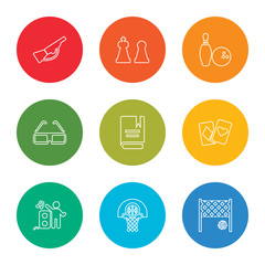 outline stroke volleyball, basketball, dancer, cards, book, 3d glasses, bowling, chess, hunting, vector line icons set on rounded colorful shapes