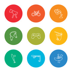 outline stroke canoe, fishing, baseball, magician, play, jumping rope, gardening, bicycle, telescope, vector line icons set on rounded colorful shapes