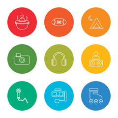 outline stroke roller, snorkel, sing, dj, music, camera, camp, american football, bath, vector line icons set on rounded colorful shapes