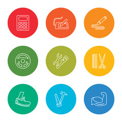 outline stroke body building, carpenter, runner, barber, plumber, chauffer, de, graphic de, accountant, vector line icons set on rounded colorful shapes