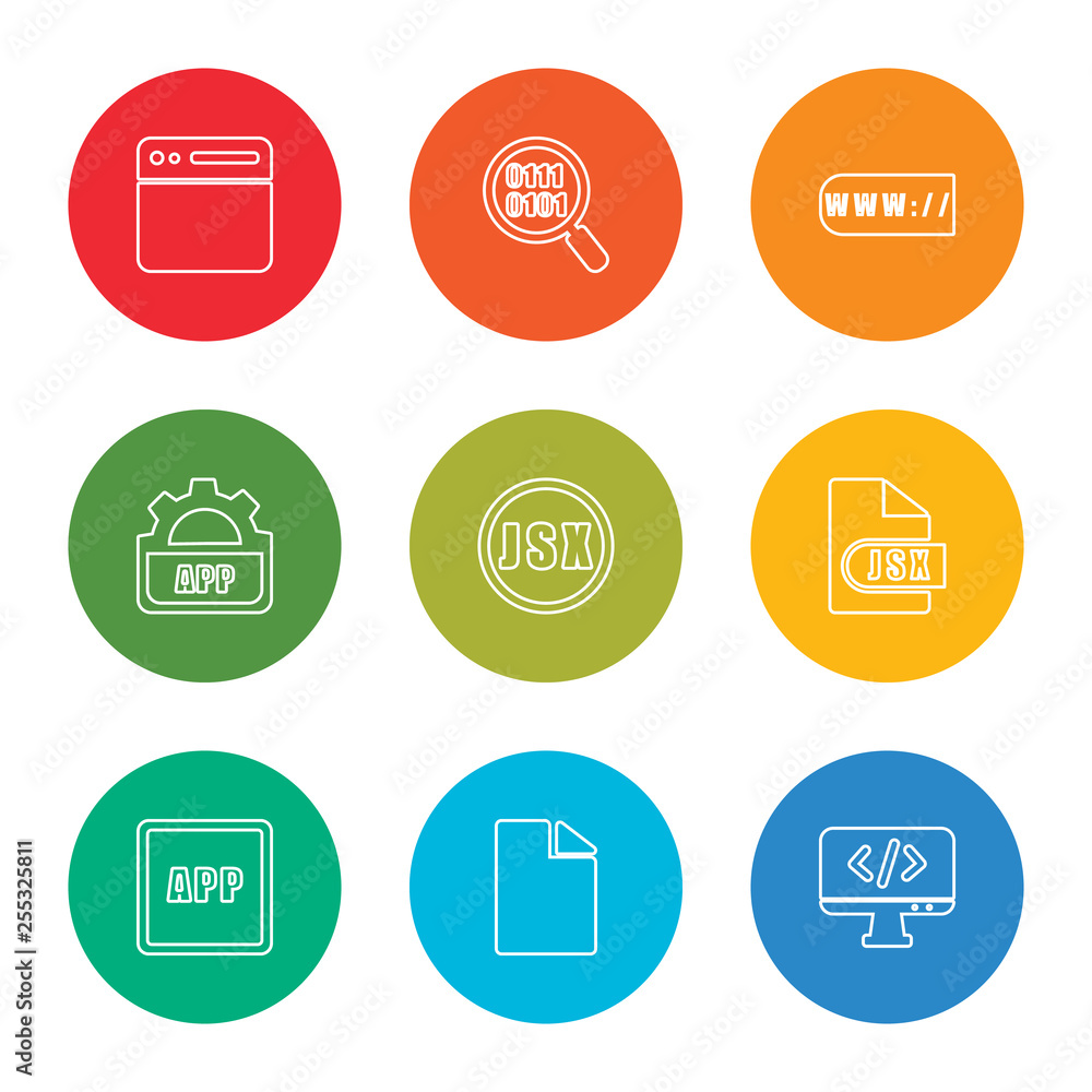 Poster outline stroke coding, file, app, jsx, jsx, api, www, binary code, browser, vector line icons set on