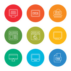 outline stroke css, laptop, monitor, monitor, browser, browser, css, html, monitor, vector line icons set on rounded colorful shapes
