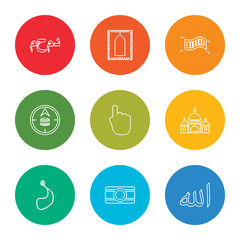 outline stroke allah word, bindi, muslim tasbih, mosque domes, one god, qibla, magic carpet, praying mat, muhammad word, vector line icons set on rounded colorful shapes