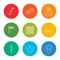 outline stroke manna jar, religion, budding staff, tefilin, kotel, gragger, jewish coins, challah, mezuzah, vector line icons set on rounded colorful shapes