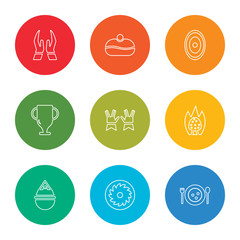 outline stroke matzo ball soup, apple cake, jewish incense, burning bush, ohr, laver of washing, gefilte fish, sufganiyah, prayer, vector line icons set on rounded colorful shapes