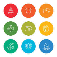 outline stroke meditation, lotus, om, henna painted hand, elephant, ganesha, conch shell, sac cow, laddu, vector line icons set on rounded colorful shapes