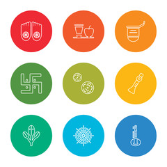 Fototapeta premium outline stroke sitar, dharma, bael tree, shehnai, flowers, swastica, dipa, diet, feet, vector line icons set on rounded colorful shapes