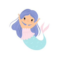 Little Mermaid with Long Beautiful Blue Hair, Cute Sea Princess Character Vector Illustration