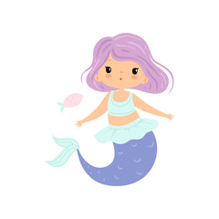 Little Mermaid with Violet Hair, Cute Sea Princess Character Vector Illustration