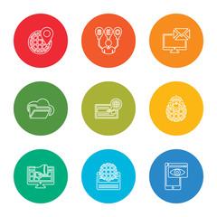 outline stroke smartphone, worldwide, laptop, worldwide, browser, folder, email, balloons, worldwide, vector line icons set on rounded colorful shapes