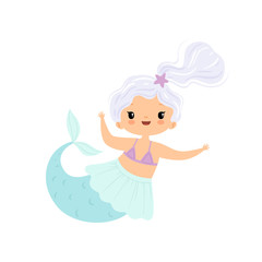 Little Mermaid with Long Beautiful Hair, Cute Sea Princess Character Vector Illustration