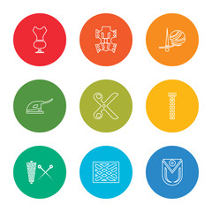 outline stroke pocket, fabric, thread, slide fastener, scissors, iron, ball of wool, leather, mannequin, vector line icons set on rounded colorful shapes