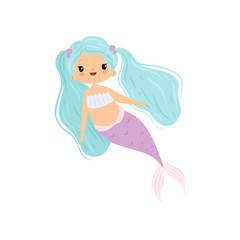 Little Mermaid with Beautiful Turquoise Hair, Cute Sea Princess Character Vector Illustration