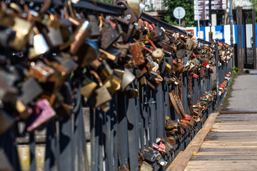Honey Bridge on which newlyweds hang locks as a sign of strong love, Kaliningrad, Russia