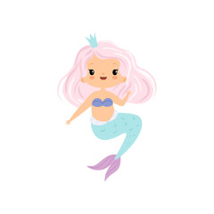 Adorable Little Mermaid with Pink Hair and Crown, Cute Sea Princess Character Vector Illustration