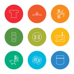 outline stroke leather, fabric, ironing board, sewing machine, button, thread, knitting neddles, hanger, shirt, vector line icons set on rounded colorful shapes
