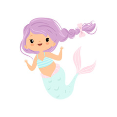 Little Mermaid with Beautiful Hair Braided in Braid, Cute Sea Princess Character Vector Illustration