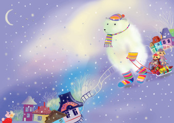 big ice bear in a cute little winter town, children playing in snow, children illustration