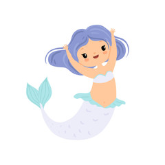 Sweet Little Mermaid with Blue Hair, Cute Sea Princess Character Vector Illustration