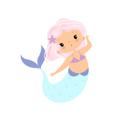 Beautiful Little Mermaid with Pink Hair, Cute Sea Princess Character Vector Illustration