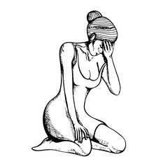 Vector beautiful illustration with crying woman. Vector illustration of a depression woman sitting on her lap. Hand drawn engraving style illustrations.