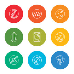 outline stroke bridge, family, hospital, traffic, warning, traffic, photo camera, cap, high heels, vector line icons set on rounded colorful shapes