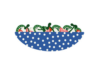 Delicious Salad with Feta Cheese, Cucumbers and Tomatoes in Ceramic Bowl, Fresh Healthy Dish Vector Illustration