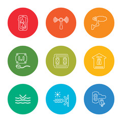 Fototapeta premium outline stroke handle, air conditioner, deep, home, switch, plug, security camera, wireless, water, vector line icons set on rounded colorful shapes