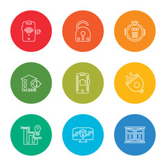 outline stroke window, home, chart, plug, smart home, home, blind, unlock, mobile phone, vector line icons set on rounded colorful shapes