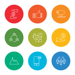 outline stroke group, smartphone, goal, coin, presentation, networking, laptop, like, coin, vector line icons set on rounded colorful shapes