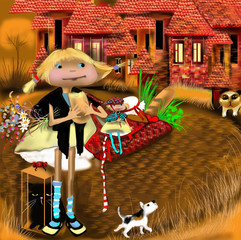 houses with red roofs, a little girl with grocery bag, standing and watching