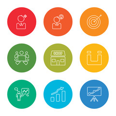 outline stroke strategy, growth, analytics, magnet, shop, hierarchical structure, target, idea, target, vector line icons set on rounded colorful shapes