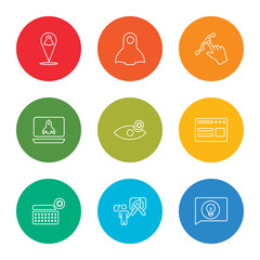 outline stroke speech bubble, profits, calendar, browser, eye, startup, analytics, startup, placeholder, vector line icons set on rounded colorful shapes