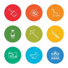 outline stroke museum, plate, treasure map, knife, pick, troglodyte, dinosaur, fossil, brush, vector line icons set on rounded colorful shapes