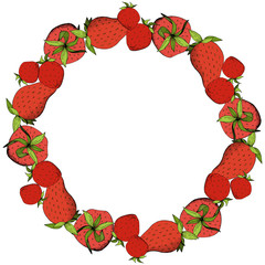 Vector Strawberry fresh fruit healthy food. Red and green engraved ink art. Frame border ornament square.