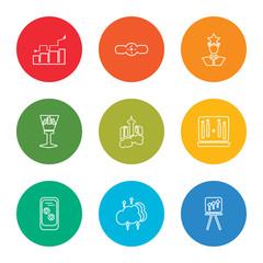 outline stroke rise, cloud computing, rating, laptop, skyscraper, trophy, success, watch, bar chart, vector line icons set on rounded colorful shapes