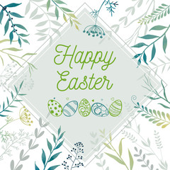 Fototapeta premium Floral Easter frame. Twigs, herbs, flowers and easter eggs. Happy Easter. 
