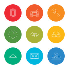 outline stroke beach, cassette, hat, sunglasses, airplane, peach, guitar, radio, suitcase, vector line icons set on rounded colorful shapes