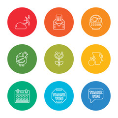 outline stroke thank you, thank you, calendar, jug, chrysanthemum, turkey, fruit, letter, cloudy, vector line icons set on rounded colorful shapes