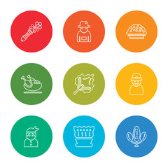outline stroke tree, pie, native american, pilgrim, leaf, turkey, porridge, farmer, fireworks, vector line icons set on rounded colorful shapes