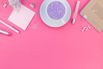 Styled pink feminine workspace flat lay