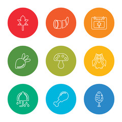 outline stroke leaf, chicken leg, umbrella, owl, mushroom, beet, thanksgiving, cornucopia, maple leaf, vector line icons set on rounded colorful shapes