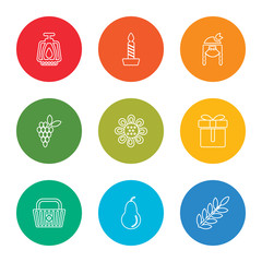 outline stroke wheat, pear, basket, gift, sunflower, grapes, native american, candle, lamp, vector line icons set on rounded colorful shapes