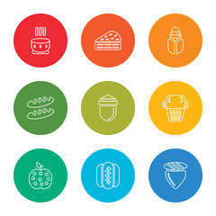 outline stroke acorn, pepper, apple, muffin, acorn, bread, corn, piece of cake, soup, vector line icons set on rounded colorful shapes