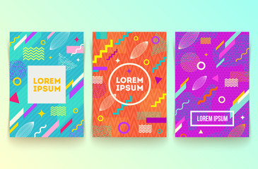 Vector illustration. Set of abstract background with multicolored simple geometric shapes and copy space frame.